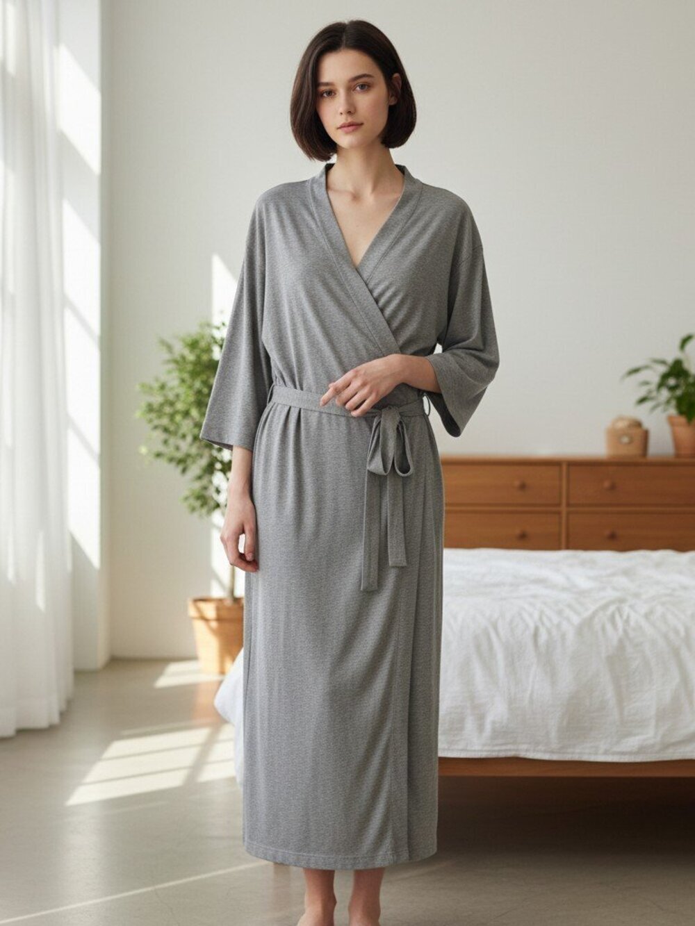 CABERNET WOMEN'S gray ROBE BELTED POCKETS 3/4 SLEEVE size L